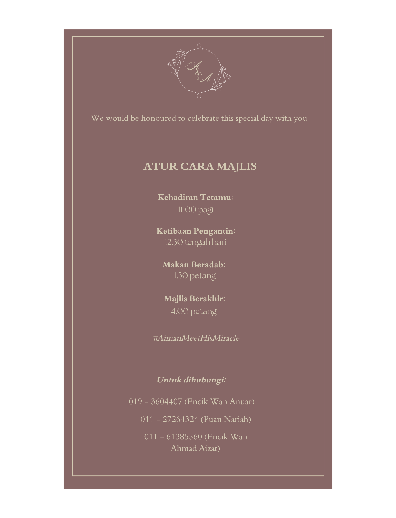 Wedding programme and contact details